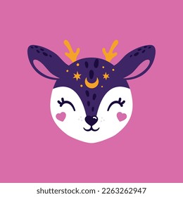 Deer cute magic portrait ,poster logo kids room decor t-shirt design print moon face portrait magic kids room decor moon power violet purple girl t shirt design nursery tattoo star eyes little eye