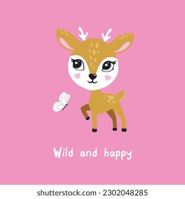Wildtiere süße Porträtkarte Postkarte Wild und Happy Poster Logo Kinder Dekoration T-Shirt Design Kinderaugen Nase kleine süße Kunst Raum Dekoration Wand Design Skizze Natur Wildlife Baby Dusche Rentiere