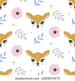 Deer cute portrait little flowers pattern seamless logo kids room decor t-shirt design print nursery eyes nose little sweet art room decor wall design abstract wildlife baby shower 