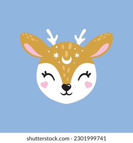 Deer lindo retrato pequeño afiche mágico luna niños decoración de habitación diseño de camiseta impresión ojos de vivero nariz pequeñas estrellas decoración de sala de arte diseño de pared dibujo abstracto de inspiración boceto naturaleza vida salvaje ducha azul