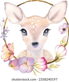 Deer cute portrait poster logo kids room decor t-shirt design print nursery flower wreath little sweet art room decor wall design abstract inspiration wildlife baby shower reindeer sticker art circle