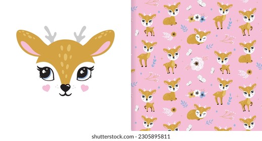 Deer lindo retrato sin costuras patrón niños decoración de habitación diseño de camisetas impresión ojos de vivero nariz pequeña decoración de sala de arte dulce diseño de pared inspirador abstracto boceto naturaleza vida salvaje ducha fondo