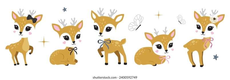 Deer cute portrait set full face reindeer figure poster logo kids room decor t-shirt design print nursery eyes nose little sweet art room decor wall design abstract snowflake butterfly nature look art