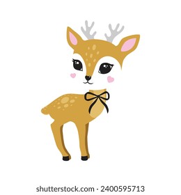 Deer cute portrait set full face reindeer figure poster logo kids room decor t-shirt design print nursery eyes nose little sweet art room decor wall design abstract pose standing sitting bow decor