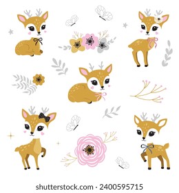 Deer cute portrait set full face reindeer figure poster logo kids room decor t-shirt design print nursery eyes nose little sweet art room decor wall design abstract pose standing sitting bow decor