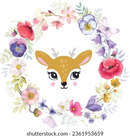 Deer cute portrait wreath kids room decor t-shirt design print nursery eyes nose little sweet art room decor wall design abstract inspiration sketch nature wildlife baby shower reindeer sticker