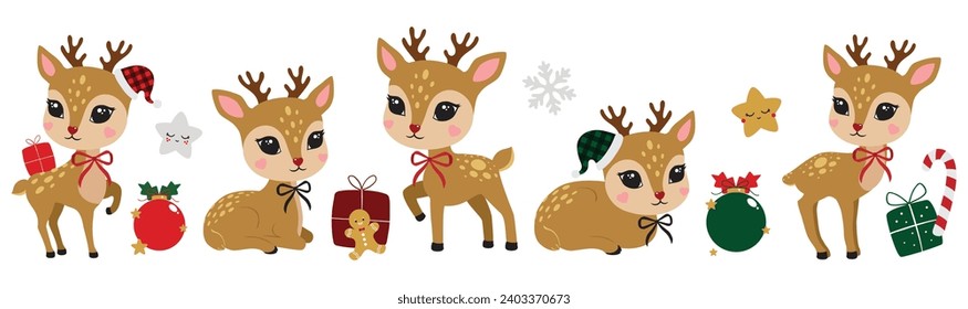 Deer cute set collection gift portrait winter new year christmas face poster logo kids room decor t-shirt design print nursery stickers line art room decor wall design abstract nature party sale icon