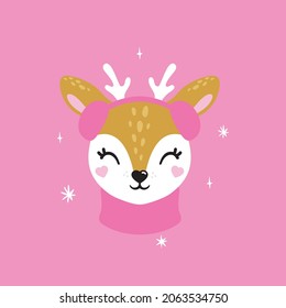 Deer cute winter portrait ,poster logo kids room decor t-shirt design print 