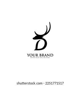 Deer d letter logo design template. the logo consists of the initial d and the head of a deer. This type of logo is simple, luxury, elegant, professional, classic and memorable