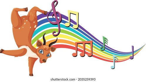 Deer dancing with melody symbols on rainbow illustration