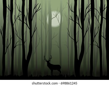 deer in the dark misty forest vector illustration. nature and wildlife