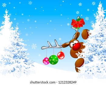 Deer, decorated with Christmas decorations, against the backdrop of snow-covered forest.
                                                                                                              