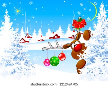 A deer decorated with Christmas decorations on Christmas night. Deer, decorated with Christmas decorations, against the backdrop of snow-covered forest and village.