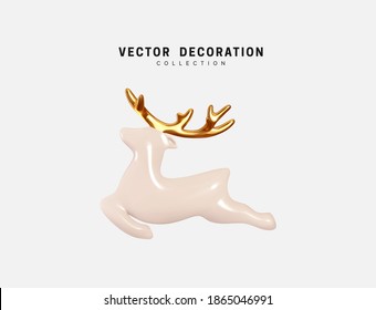 Deer decorative Christmas element design from ceramic. Realistic 3d object Xmas white reindeer. Vector illustration