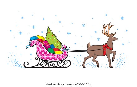 deer delivers sledge of Santa Claus with gifts, colorful cartoon vector illustration