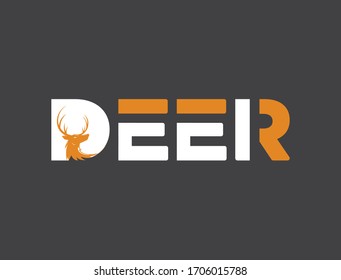 Deer Design Element in Vintage Style for Logo, Label. Deer Silhouette. Deer cartoon lettering text. Hunting Club Retro vector illustration. 
