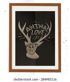 Deer design on wood frame, retro concept, grunge design on old background, clean vector