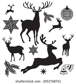 Deer from different angles a set of New Year's compositions from garlands, branches of a Christmas tree, stars, rowan. Vector graphics