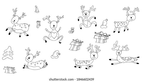 Venado en diferentes poses. Cajones de regalo, mitones calcetines, sombreros. Dibujo lineal. Ilustración vectorial.