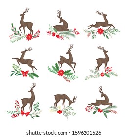 Deer in Different Poses with Holiday Twigs and Branches