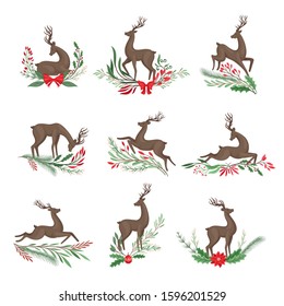 Deer in Different Poses with Holiday Twigs and Branches