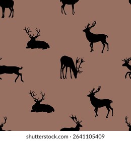  Deer in different poses. Seamless texture with deer silhouettes in trendy colors. Ideal for advertising, textiles, packaging, screensavers