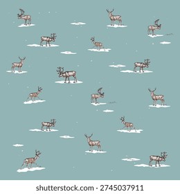 Deer in different poses. Seamless texture with deer silhouettes in trendy colors. Ideal for advertising, textiles, packaging, clothes, christmas