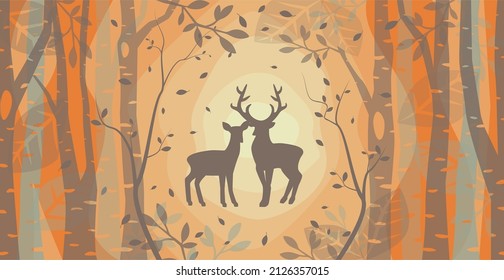 Deer and doe in autumn forest picture. Magic fall woods scene landscape illustration.