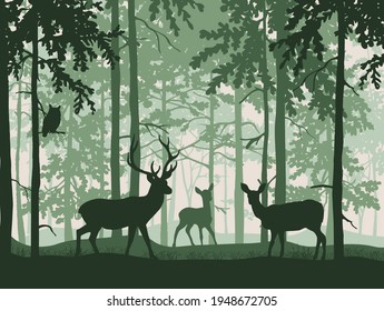 Venado con paloma y cebada en un bosque mágico con bruma. Búho en la rama. Silhouettes de árboles y animales. Fondo verde, ilustración.