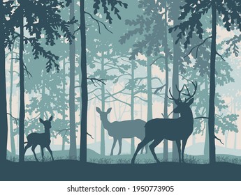 Deer with doe and fawn in magic misty forest. Silhouettes of trees and animals. Blue background, illustration.