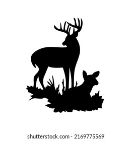 Deer with doe, mammals, wild animals, wildlife, vector, illustration in black color, isolated on white background