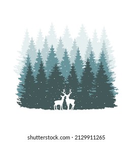 Deer and doe silhouette and pines vector. Pine trees scene or landscape.