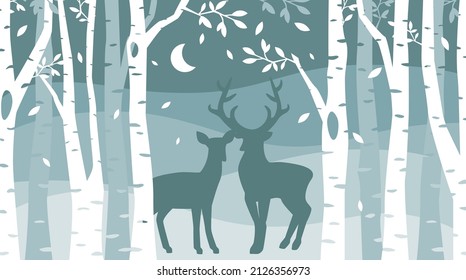 Deer and doe in winter forest picture. Magic night woods scene landscape illustration.