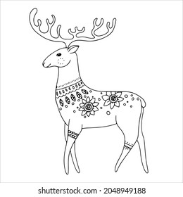 Deer in doodle or boho style. Simple decor for a festive Christmas and New Years. Vector illustration isolated on white background.