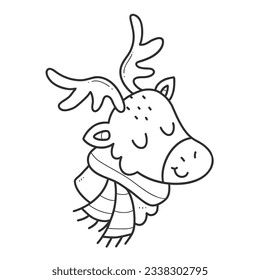 Doodle de ciervos. Un ciervo con una bufanda en un estilo lineal. Ilustración aislada de vectores en un fondo blanco
