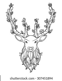 Deer in doodle style. Floral, ornate, decorative, tribal vector animal illustration. Black and white monochrome design. Antlered deer, berries and leaves. Zentangle hand drawn coloring book page