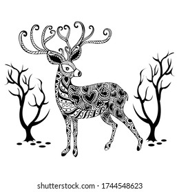 Deer, drawing, vector, illustration, coloring book, line art, zentangle, animal, Deer hand draw, black and white pencil vector lllustation on white background
