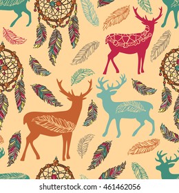 Deer, dreamcatcher and feathers. Seamless vector pattern (background).