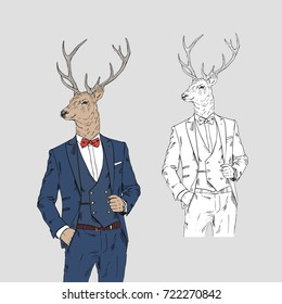 deer dressed up in classy style, anthropomorphic illustration, fashion animals