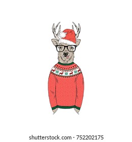 deer dressed up in funny Christmas sweater, furry art illustration