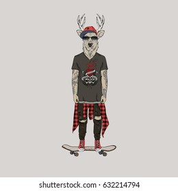 deer dressed up in grunge style, furry art illustration, fashion animals