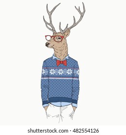 deer dressed up in jacquard pullover, anthropomorphic illustration, fashion animals