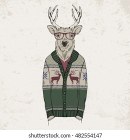 deer dressed up in jacquard pullover, anthropomorphic illustration, fashion animals