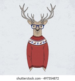 deer dressed up in jacquard pullover, anthropomorphic illustration, fashion animals