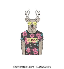 deer dressed up in summer tee shirt, anthropomorphic animal illustration
