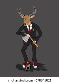 Deer dressed in tuxedo and working to kill someone with an axe. Suitable for and any print media need