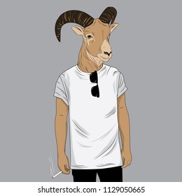 Deer dressed up in white t-shirt. Anthropomorphic illustration, fashion animals