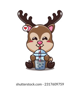 deer drink boba milk tea cartoon vector illustration.