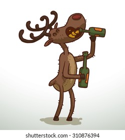 Deer drinking beer from glass bottle, vector