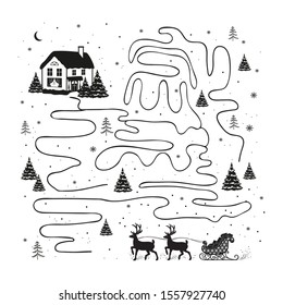 Deer driven sledge of Santa Claus with gifts, black silhouette on white snow. Educational game for children.  Vector illustration.